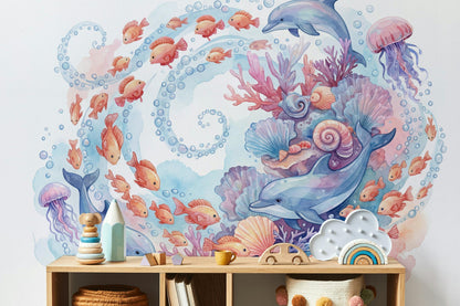 Underwater Wallpaper Dolphins Watercolor Wall Mural