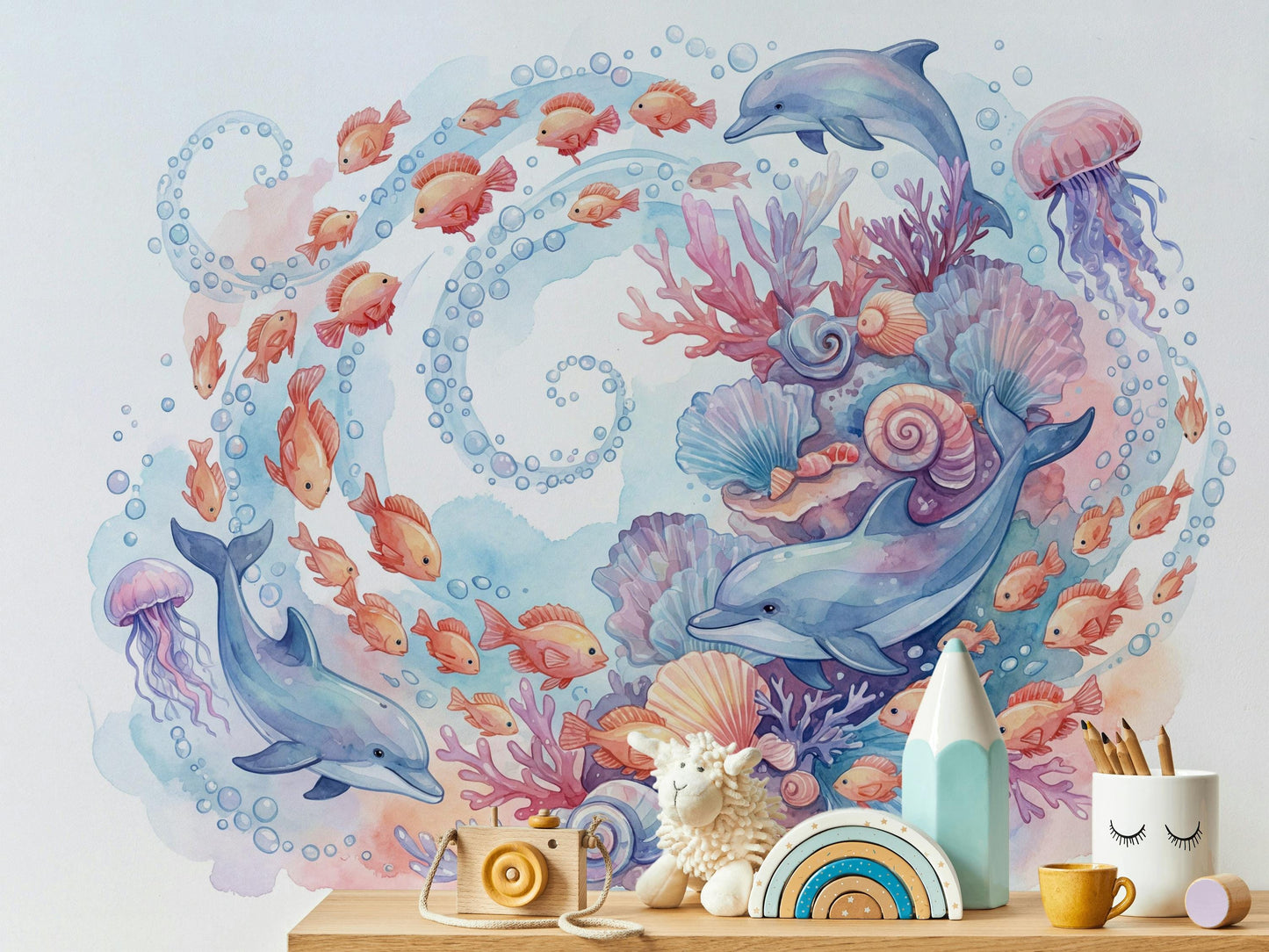 Underwater Wallpaper Dolphins Watercolor Wall Mural