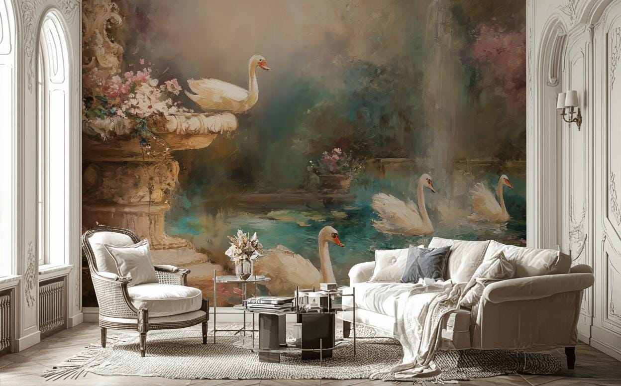 Garden Pond Wallpaper Swans Ornate Stone Fountain Wall Mural