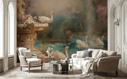 Garden Pond Wallpaper Swans Ornate Stone Fountain Wall Mural