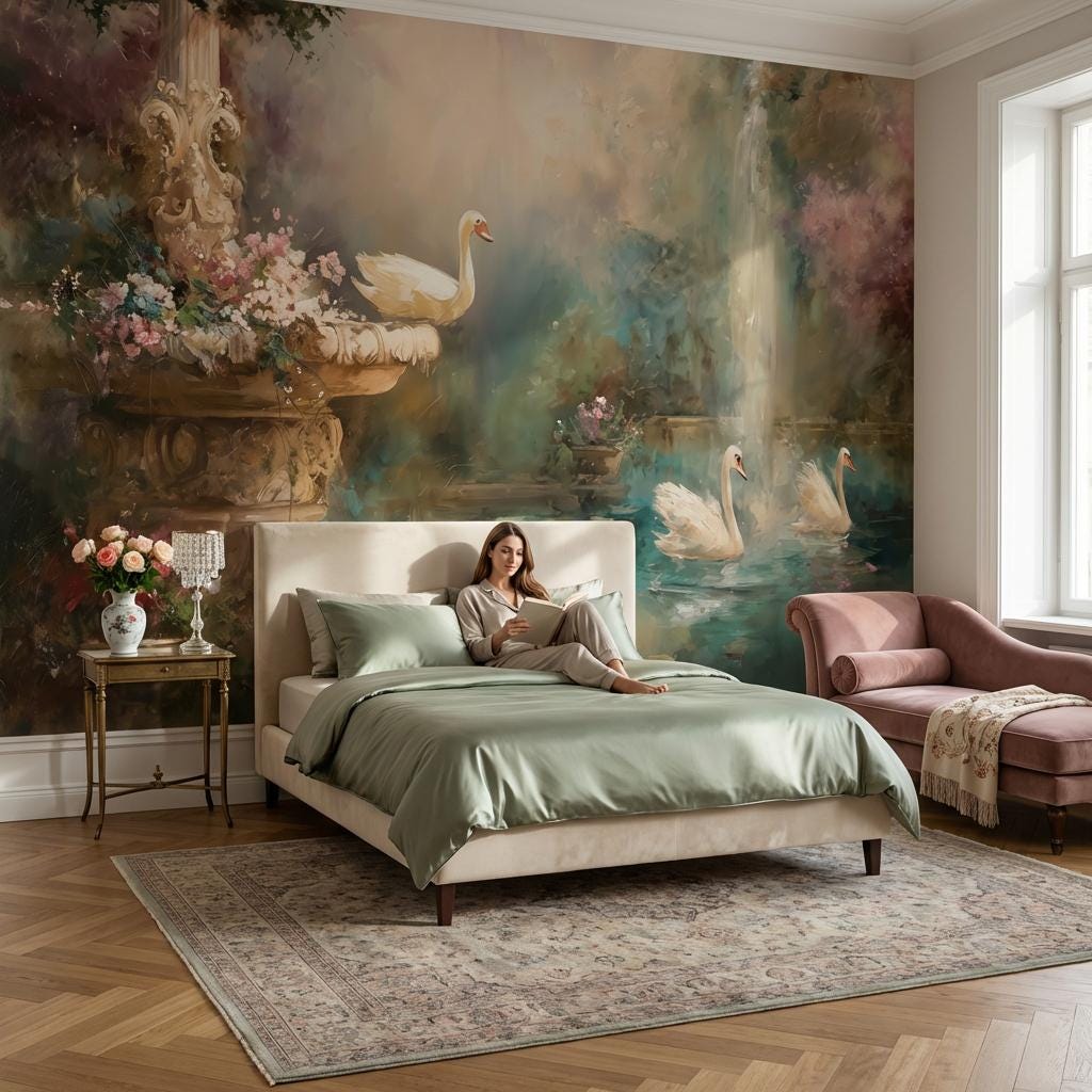 Garden Pond Wallpaper Swans Ornate Stone Fountain Wall Mural