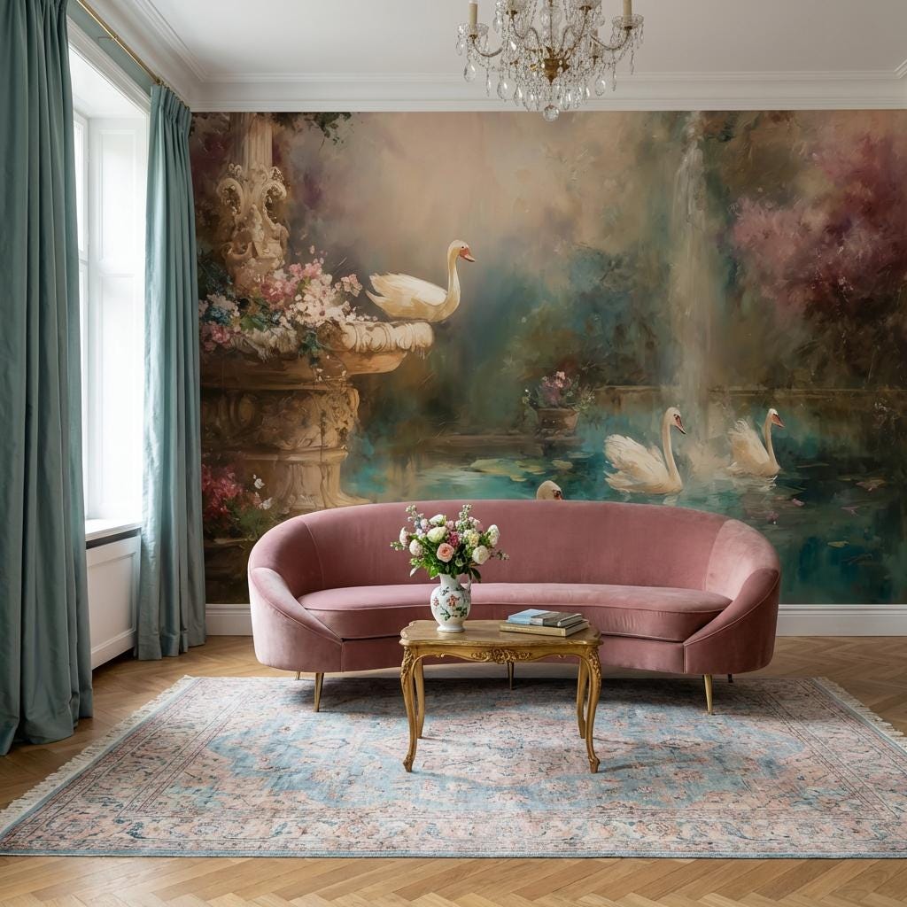 Garden Pond Wallpaper Swans Ornate Stone Fountain Wall Mural