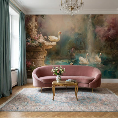 Garden Pond Wallpaper Swans Ornate Stone Fountain Wall Mural