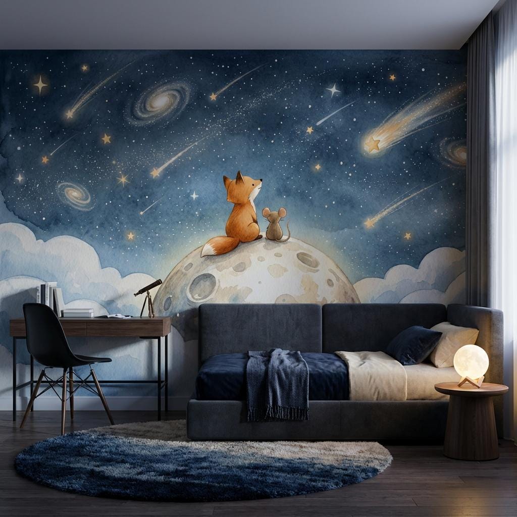 Dark Night Sky Wallpaper Celestial Landscape Watercolor Wall Mural