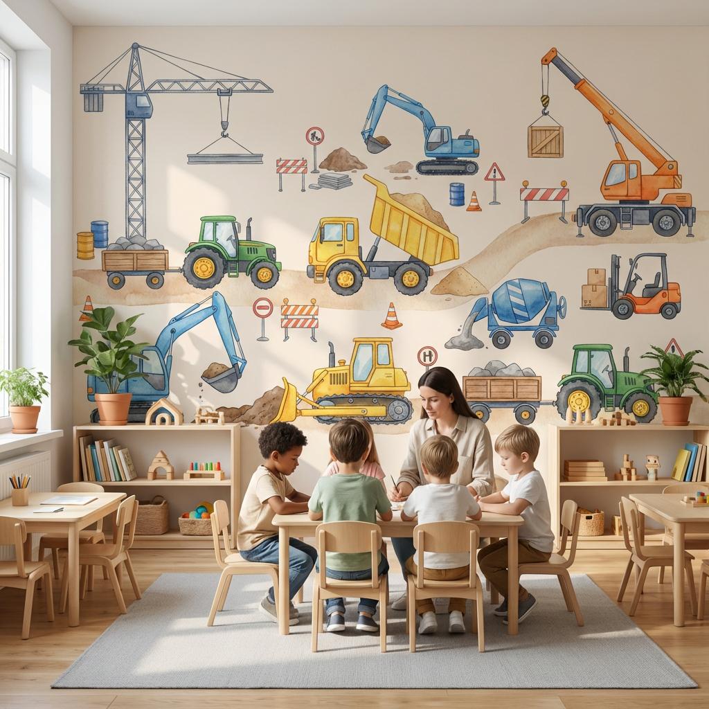 Construction Vehicles Wallpaper Cartoon Playful Wall Mural