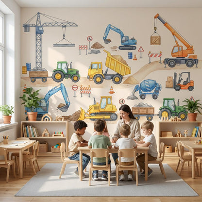Construction Vehicles Wallpaper Cartoon Playful Wall Mural