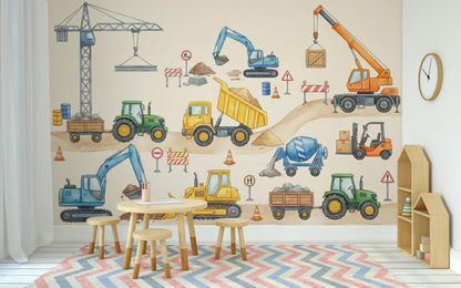 Construction Vehicles Wallpaper Cartoon Playful Wall Mural