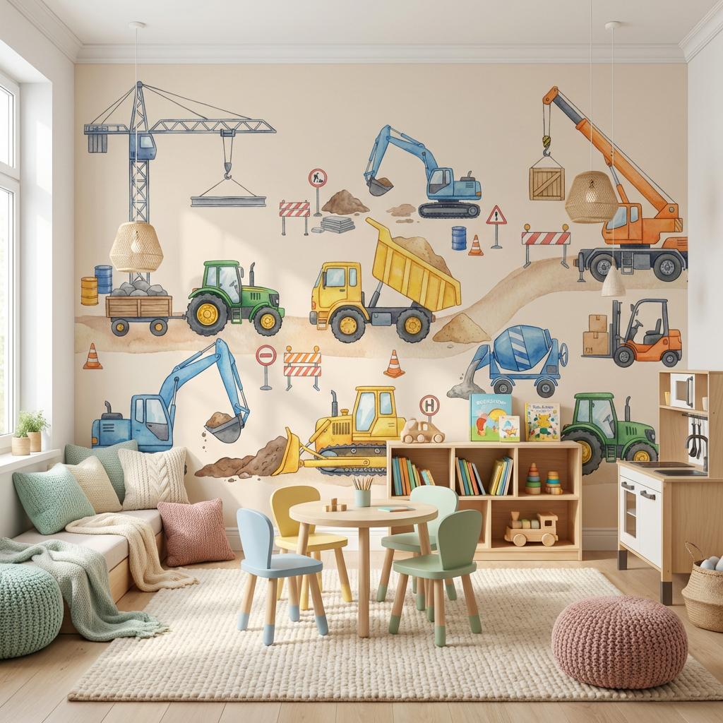 Construction Vehicles Wallpaper Cartoon Playful Wall Mural