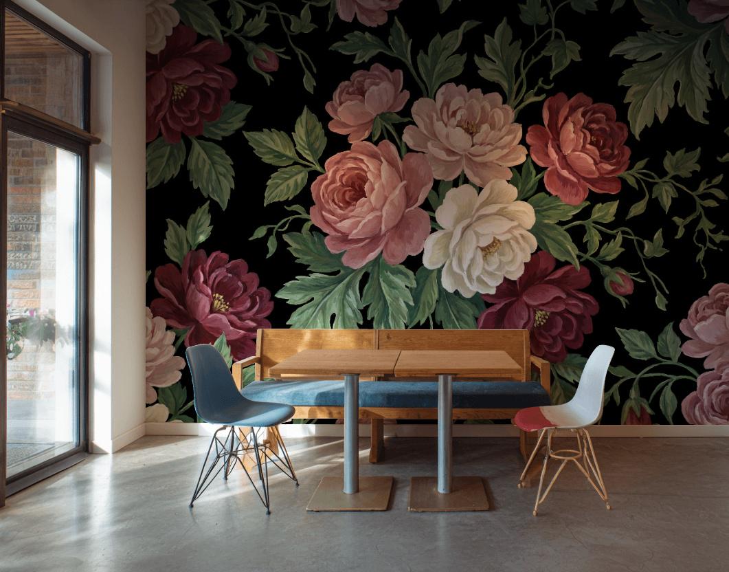 Vintage Wallpaper Floral Solid Black Wall Mural