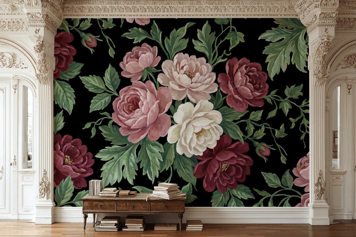Vintage Wallpaper Floral Solid Black Wall Mural