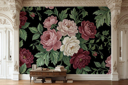 Vintage Wallpaper Floral Solid Black Wall Mural