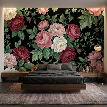 Vintage Wallpaper Floral Solid Black Wall Mural