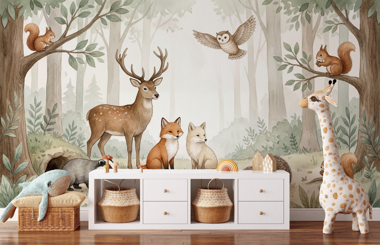 Misty Forest Wallpaper Woodland Animals Watercolor Wall Mural