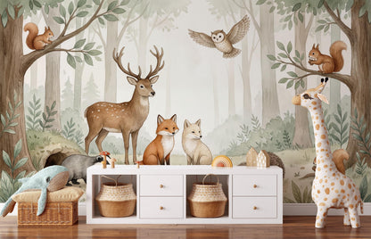 Misty Forest Wallpaper Woodland Animals Watercolor Wall Mural