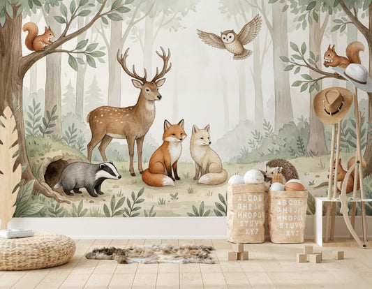 Misty Forest Wallpaper Woodland Animals Watercolor Wall Mural