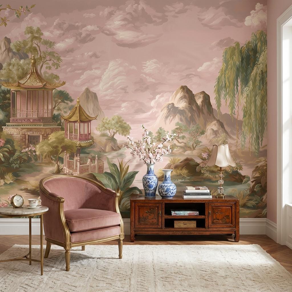 Chinoiserie Landscape Wallpaper Pagoda Pavilion Weeping Willow Wall Mural