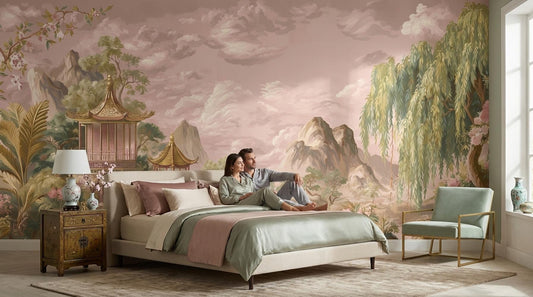 Chinoiserie Landscape Wallpaper Pagoda Pavilion Weeping Willow Wall Mural