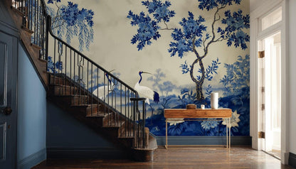 Chinoiserie Wallpaper Blue And White Cranes Wall Mural