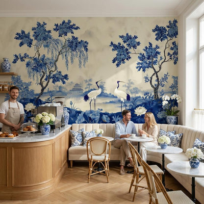 Chinoiserie Wallpaper Blue And White Cranes Wall Mural