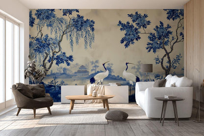 Chinoiserie Wallpaper Blue And White Cranes Wall Mural