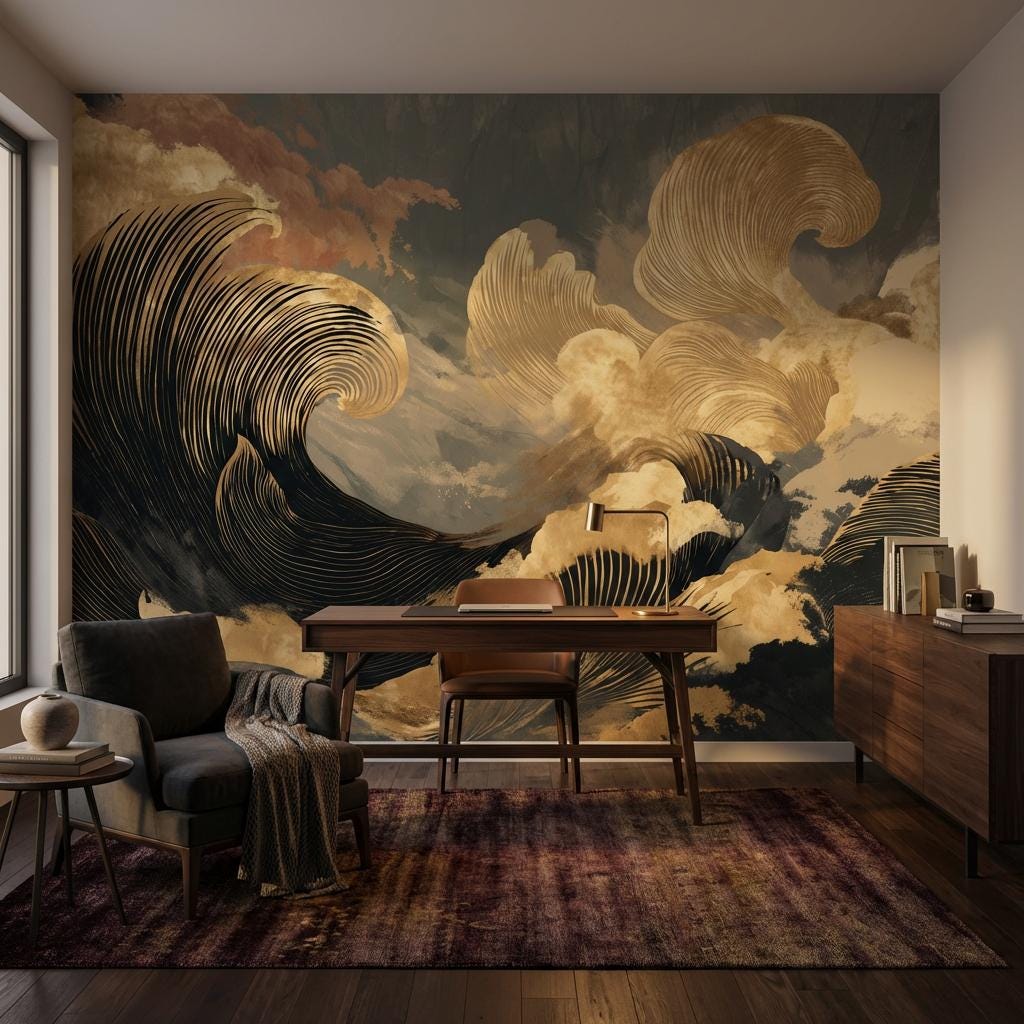 Abstract Ocean Waves Wallpaper Black And Gold Japanese Inspired Wall Mural