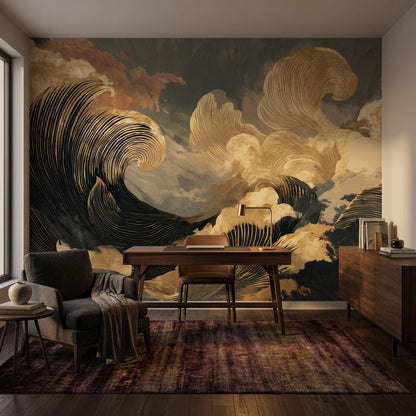 Abstract Ocean Waves Wallpaper Black And Gold Japanese Inspired Wall Mural