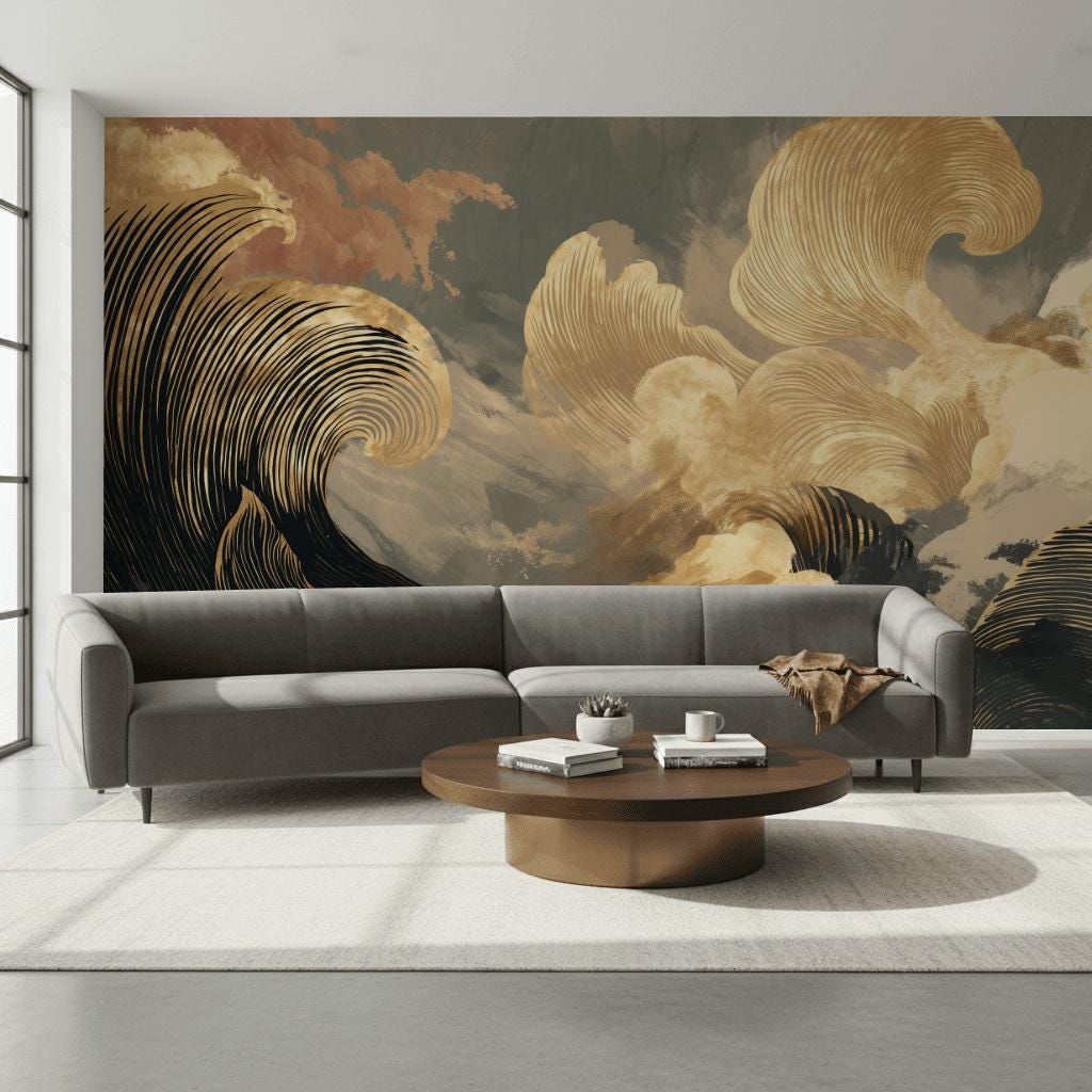 Abstract Ocean Waves Wallpaper Black And Gold Japanese Inspired Wall Mural