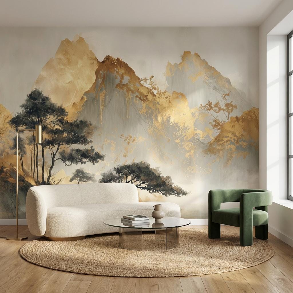 Misty Mountain Landscape Wallpaper Golden Ochre Peaks Watercolor Wash Wall Mural