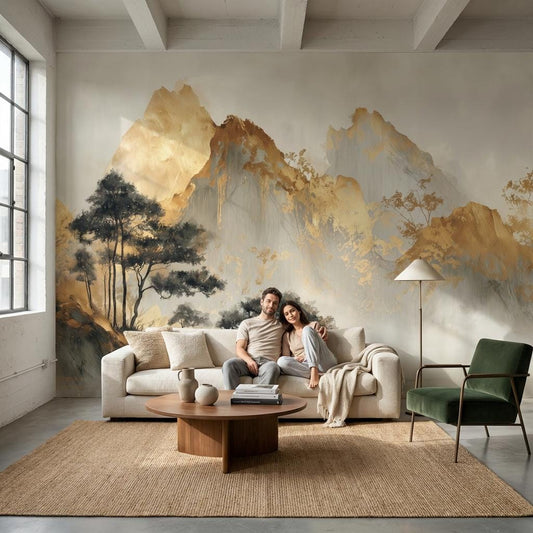 Misty Mountain Landscape Wallpaper Golden Ochre Peaks Watercolor Wash Wall Mural
