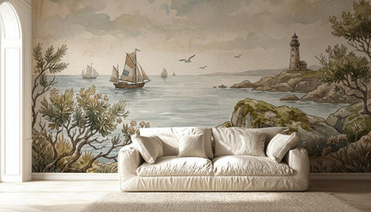 Coastal Wallpaper Lighthouse Sailboats Wall Mural