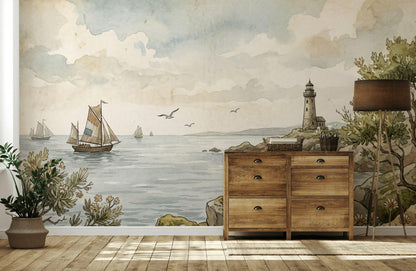 Coastal Wallpaper Lighthouse Sailboats Wall Mural