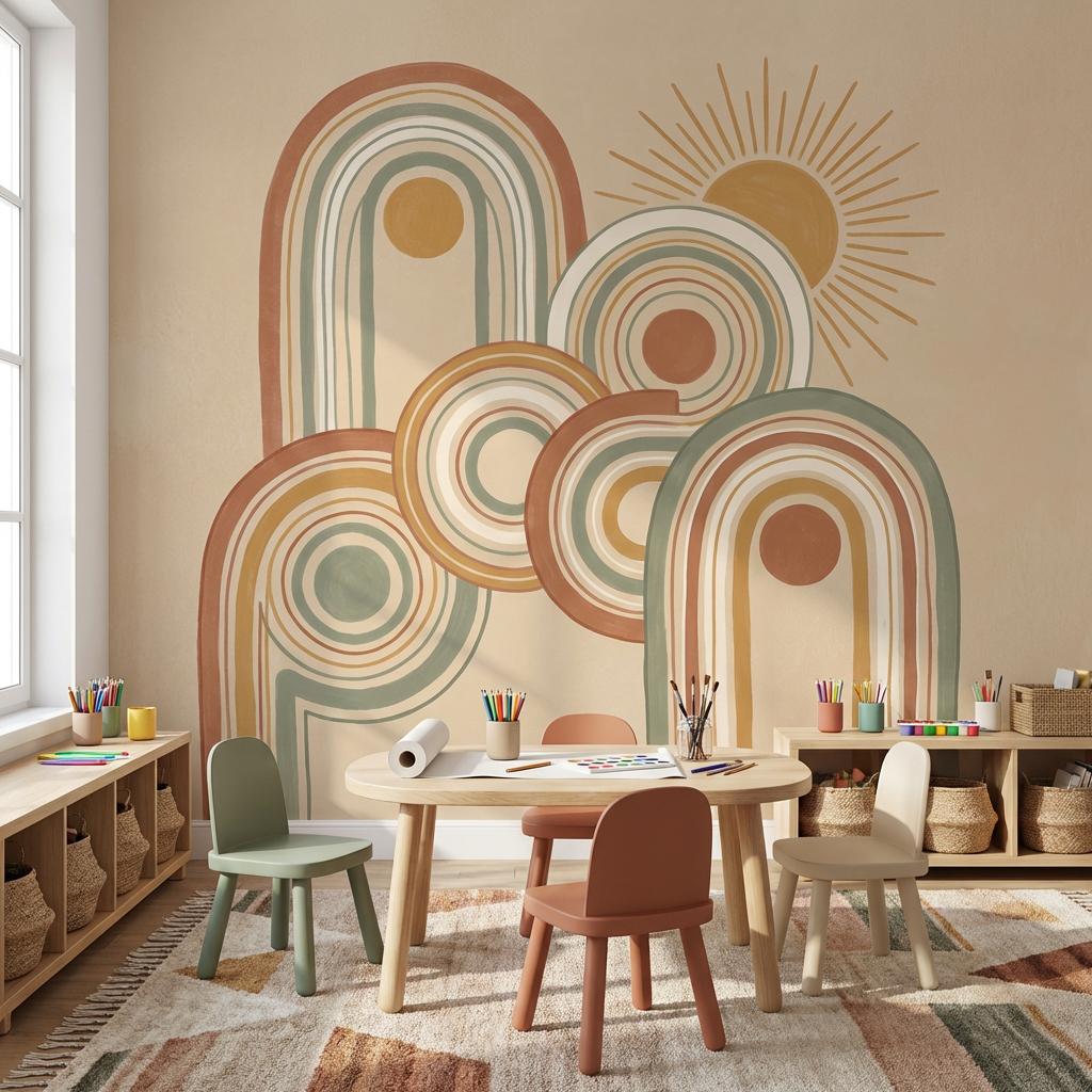Muted Green Wallpaper Retro Playful Wall Mural