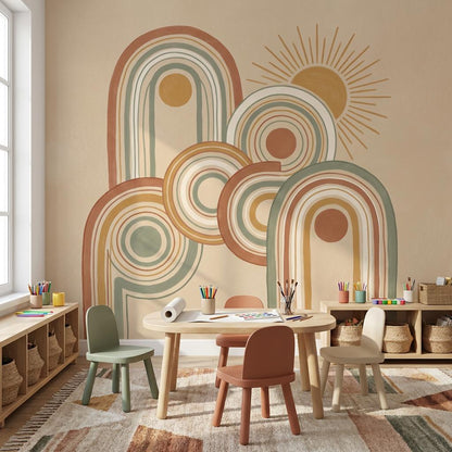 Muted Green Wallpaper Retro Playful Wall Mural