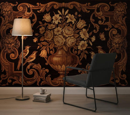Wood Inlay Wallpaper Ornate Baroque Scrollwork Floral Bouquet In Urn Wall Mural