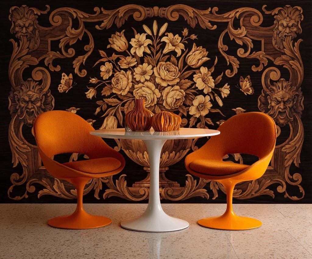 Wood Inlay Wallpaper Ornate Baroque Scrollwork Floral Bouquet In Urn Wall Mural
