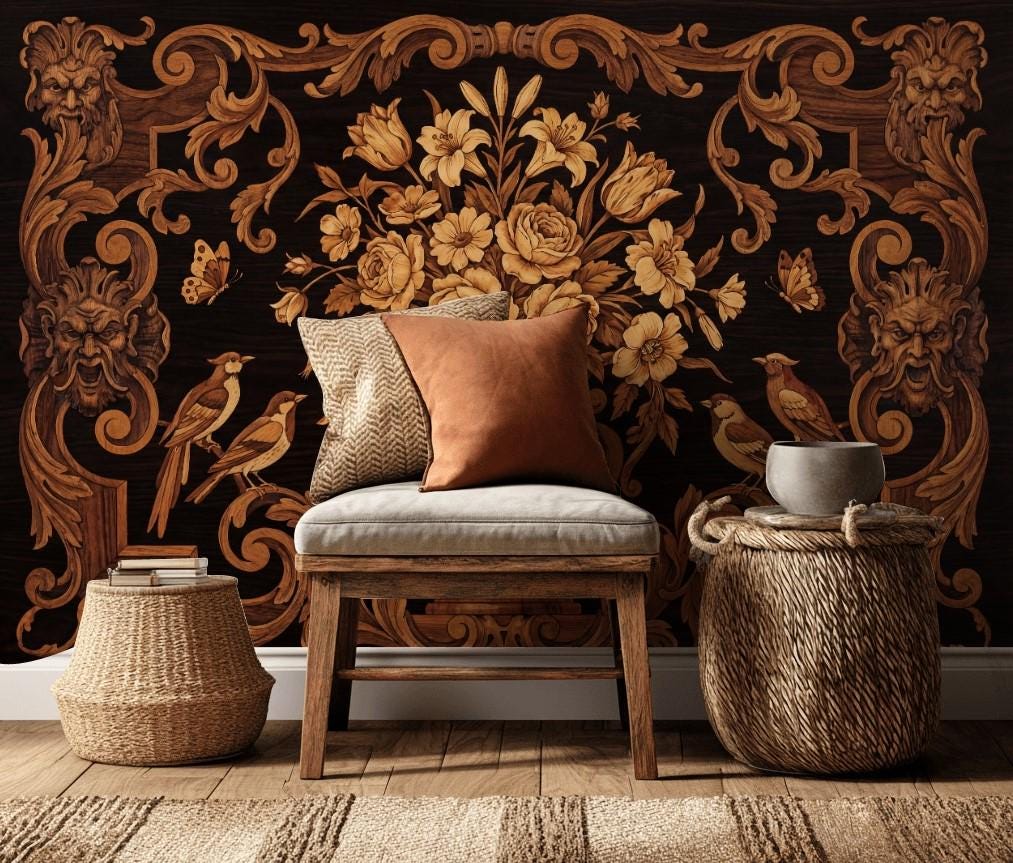 Wood Inlay Wallpaper Ornate Baroque Scrollwork Floral Bouquet In Urn Wall Mural