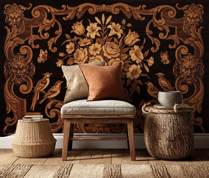 Wood Inlay Wallpaper Ornate Baroque Scrollwork Floral Bouquet In Urn Wall Mural