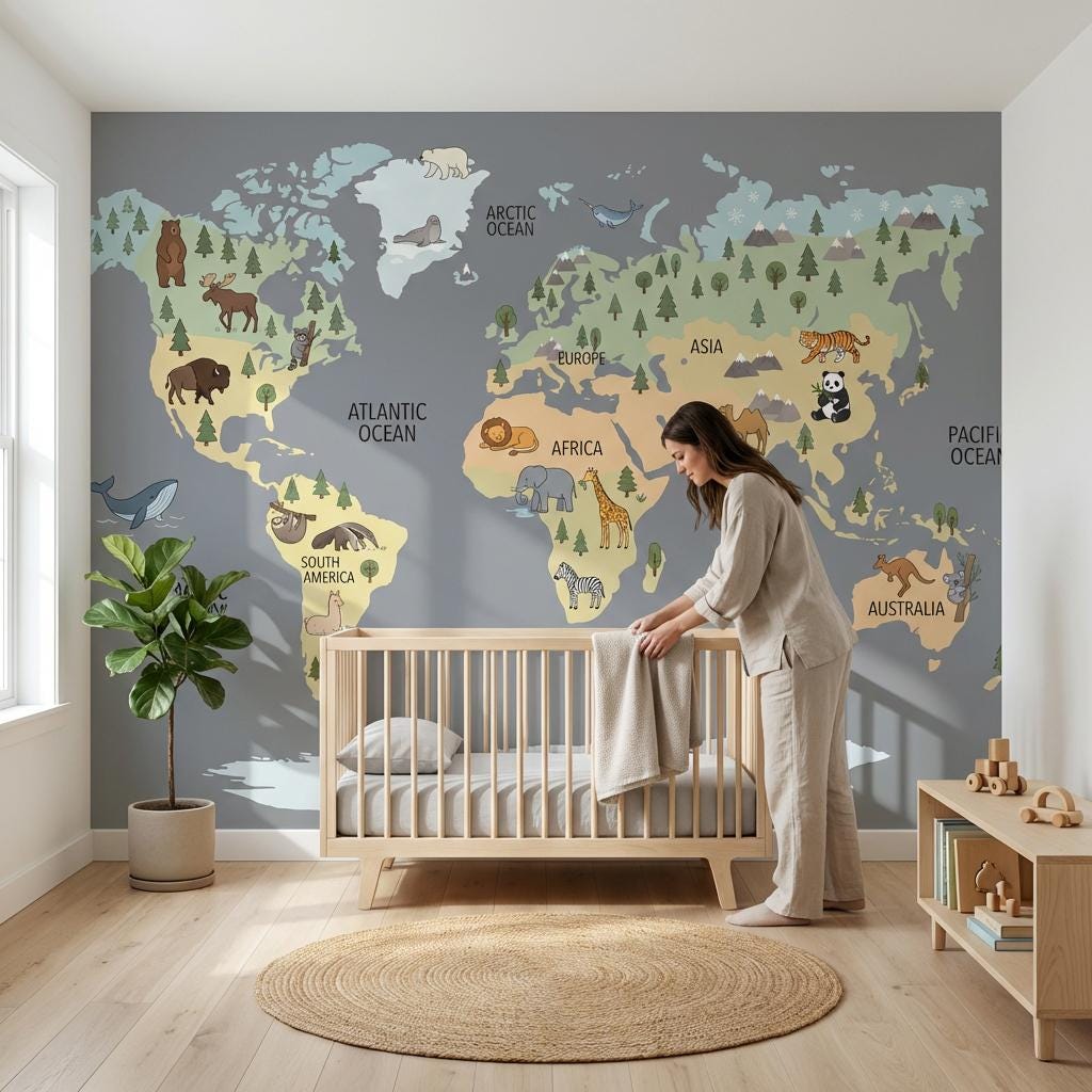 World Map Wallpaper Animal Ocean Wall Mural