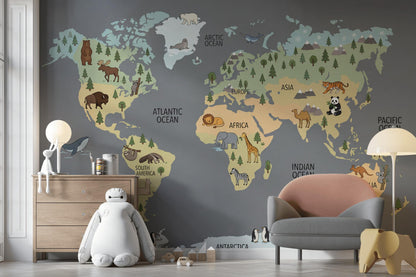 World Map Wallpaper Animal Ocean Wall Mural