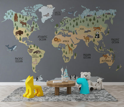 World Map Wallpaper Animal Ocean Wall Mural