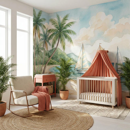 Tropical Beach Wallpaper Palm Trees Sailboats Wall Mural