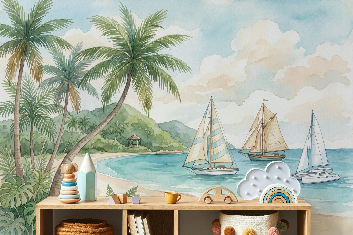 Tropical Beach Wallpaper Palm Trees Sailboats Wall Mural