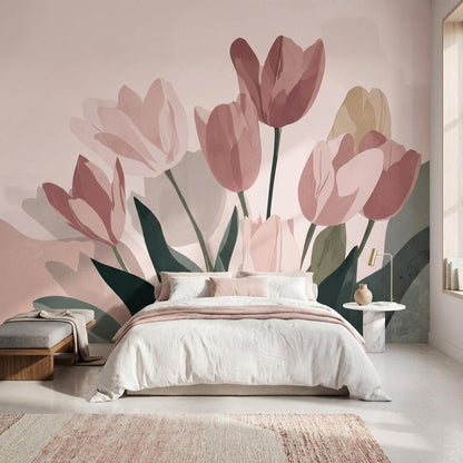 Muted Green Wallpaper Floral Modern Wall Mural