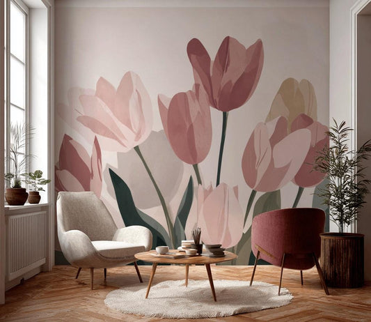 Muted Green Wallpaper Floral Modern Wall Mural