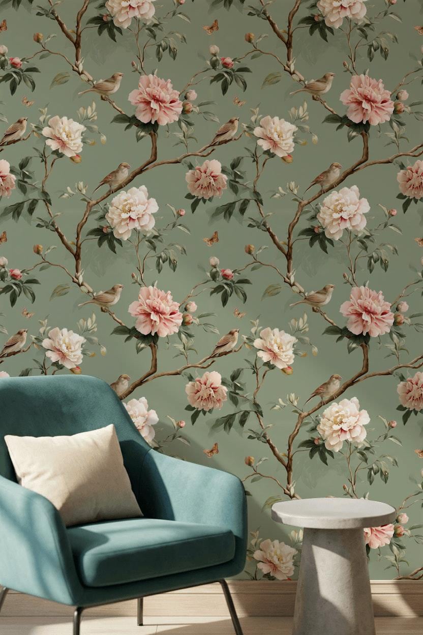 Vintage Floral Wallpaper Peony Blossoms Sage Green Background Wall Mural