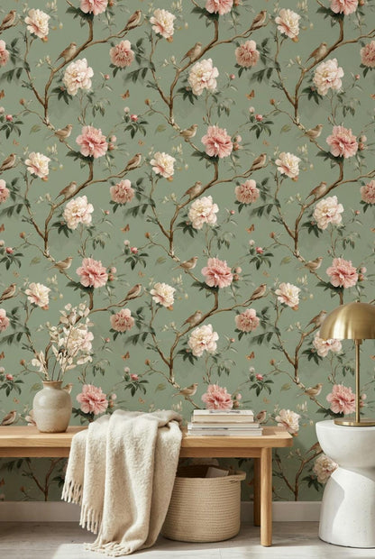 Vintage Floral Wallpaper Peony Blossoms Sage Green Background Wall Mural