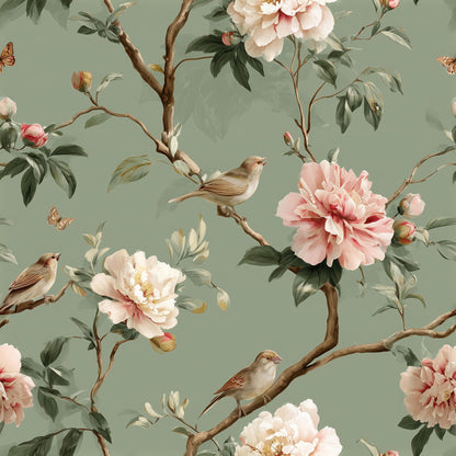 Vintage Floral Wallpaper Peony Blossoms Sage Green Background Wall Mural