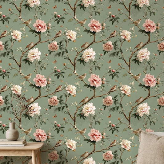 Vintage Floral Wallpaper Peony Blossoms Sage Green Background Wall Mural