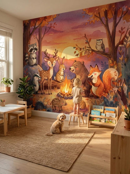 Autumn Forest Wallpaper Sunset Woodland Animals Wall Mural