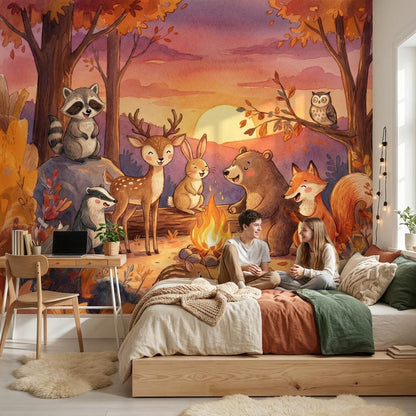 Autumn Forest Wallpaper Sunset Woodland Animals Wall Mural